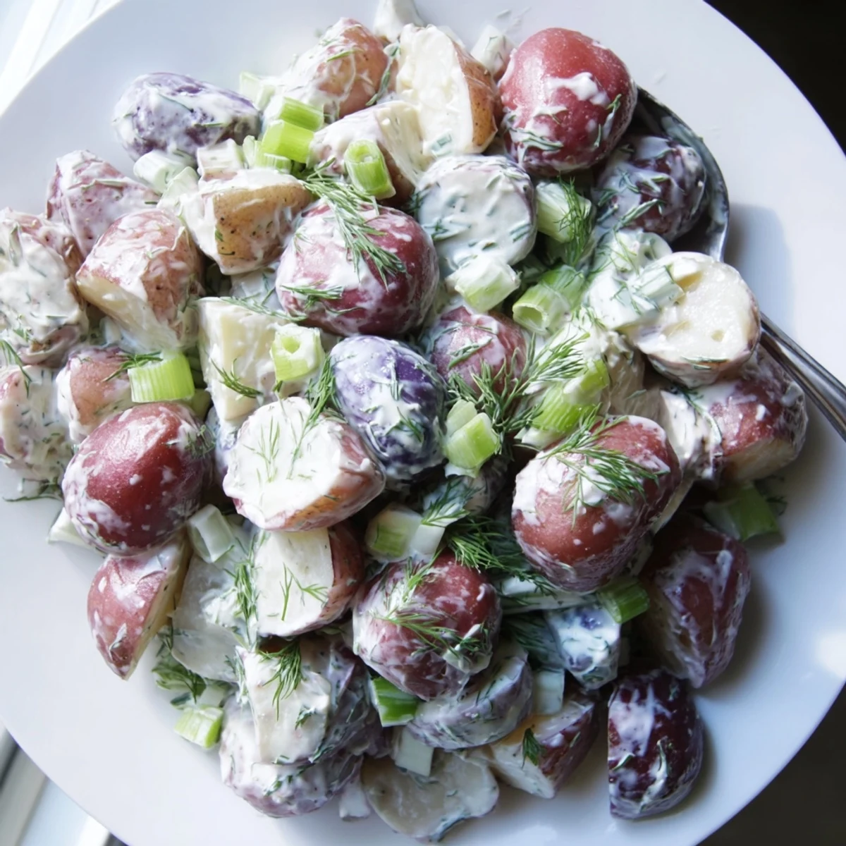 Creamy Red White Blue Potato Salad topped with fresh herbs in a rustic bowl