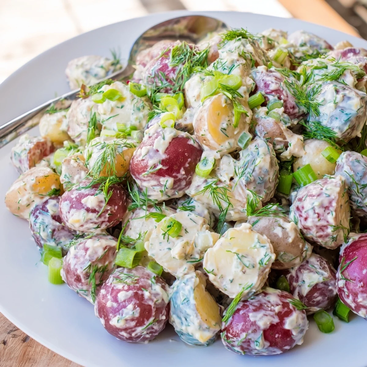 Tender tri-color potatoes coated in tangy dressing make this Red White Blue Potato Salad irresistible