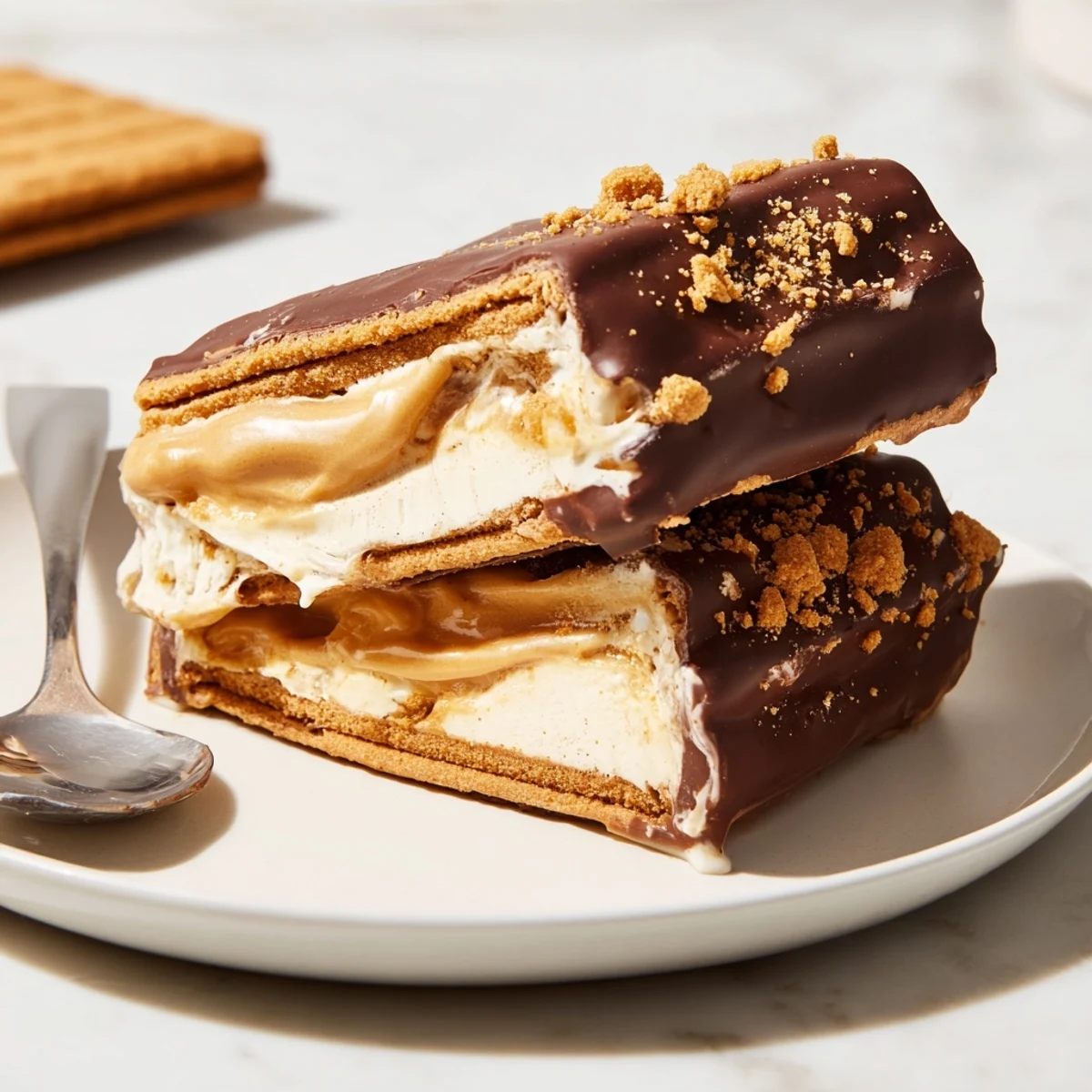 Creamy Biscoff ice cream sandwiches with marbled swirl dripping from spiced cookie edges