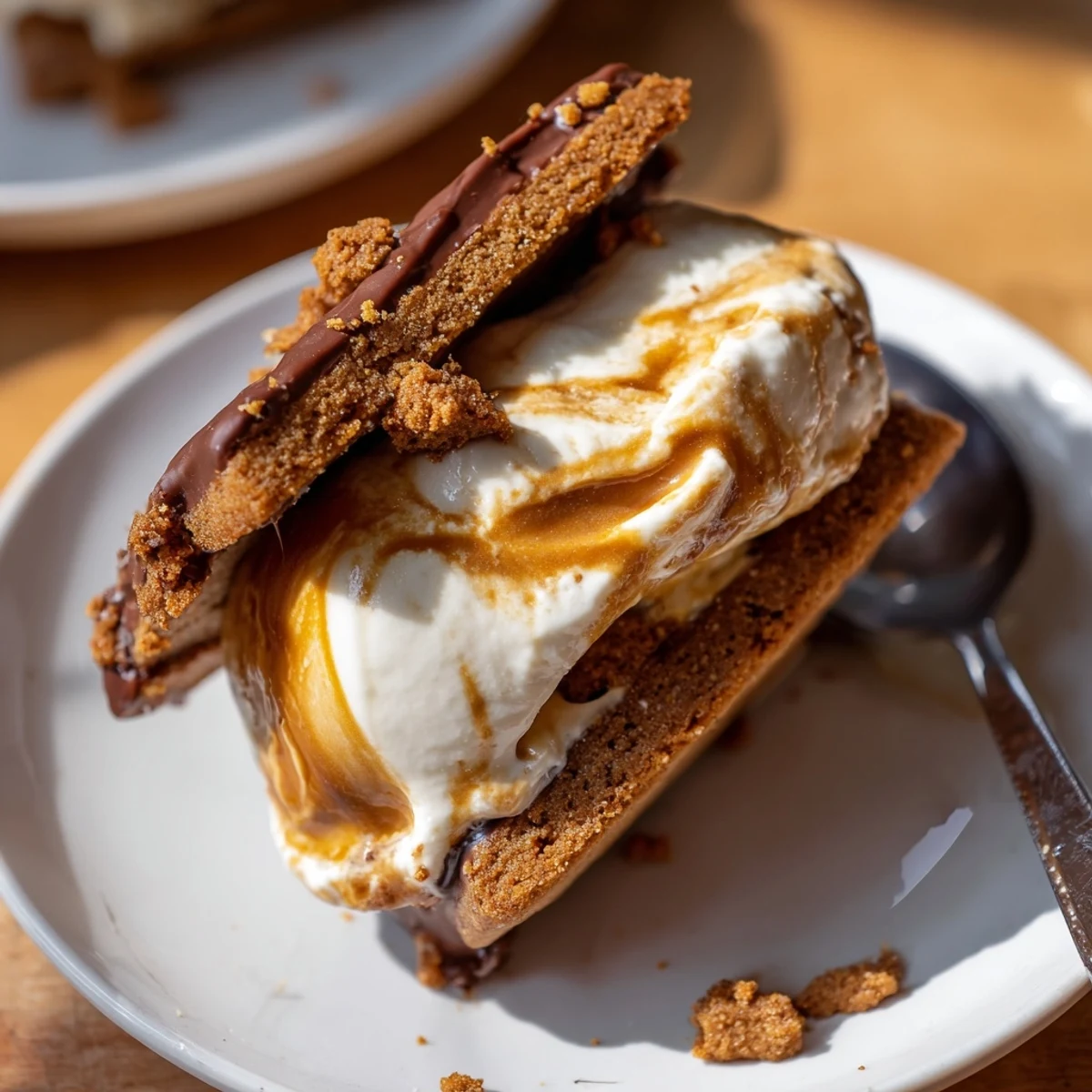 Golden Biscoff cookies pressed around swirled vanilla ice cream frozen until perfectly firm