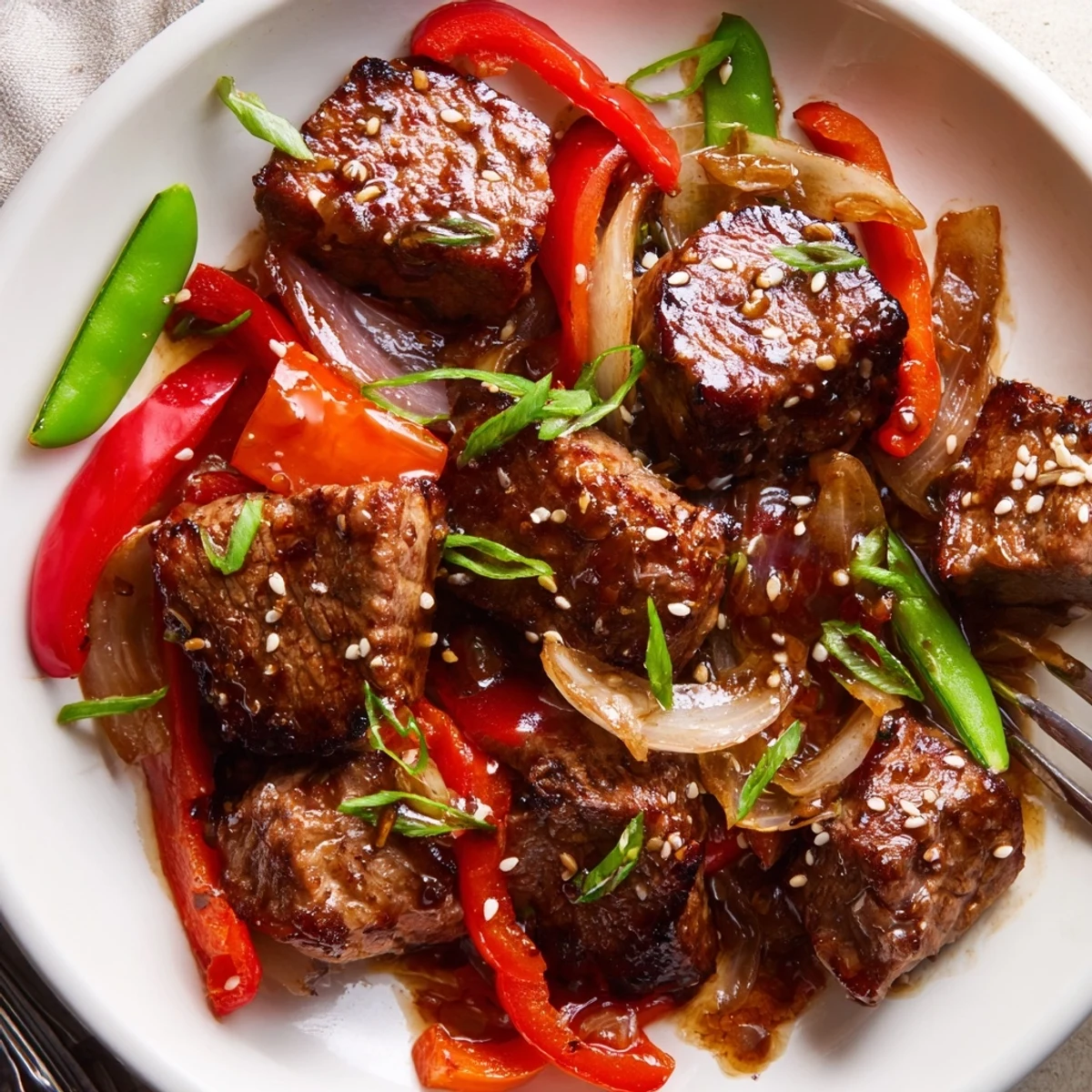 Asian inspired cube steak glazed in soy ginger sauce with crisp colorful stir-fried vegetables on a rustic plate