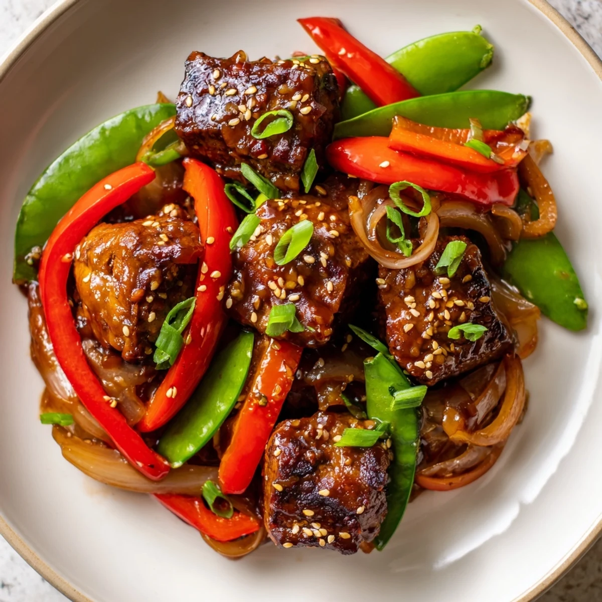 Tender Asian inspired cube steak seared golden and draped in glossy sesame garlic marinade beside vibrant bell peppers