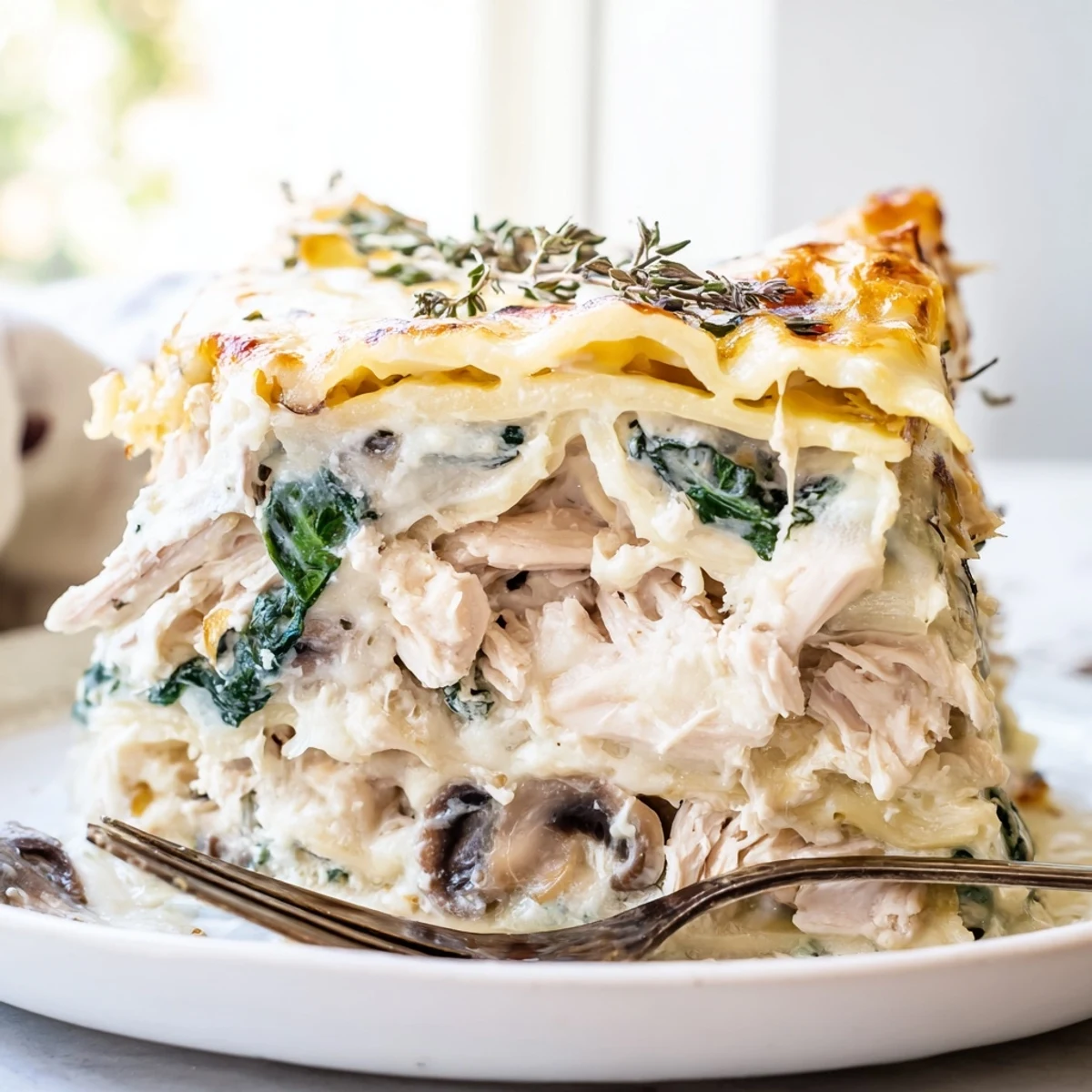 White chicken lasagna sliced thick showing layers of spinach and ricotta
