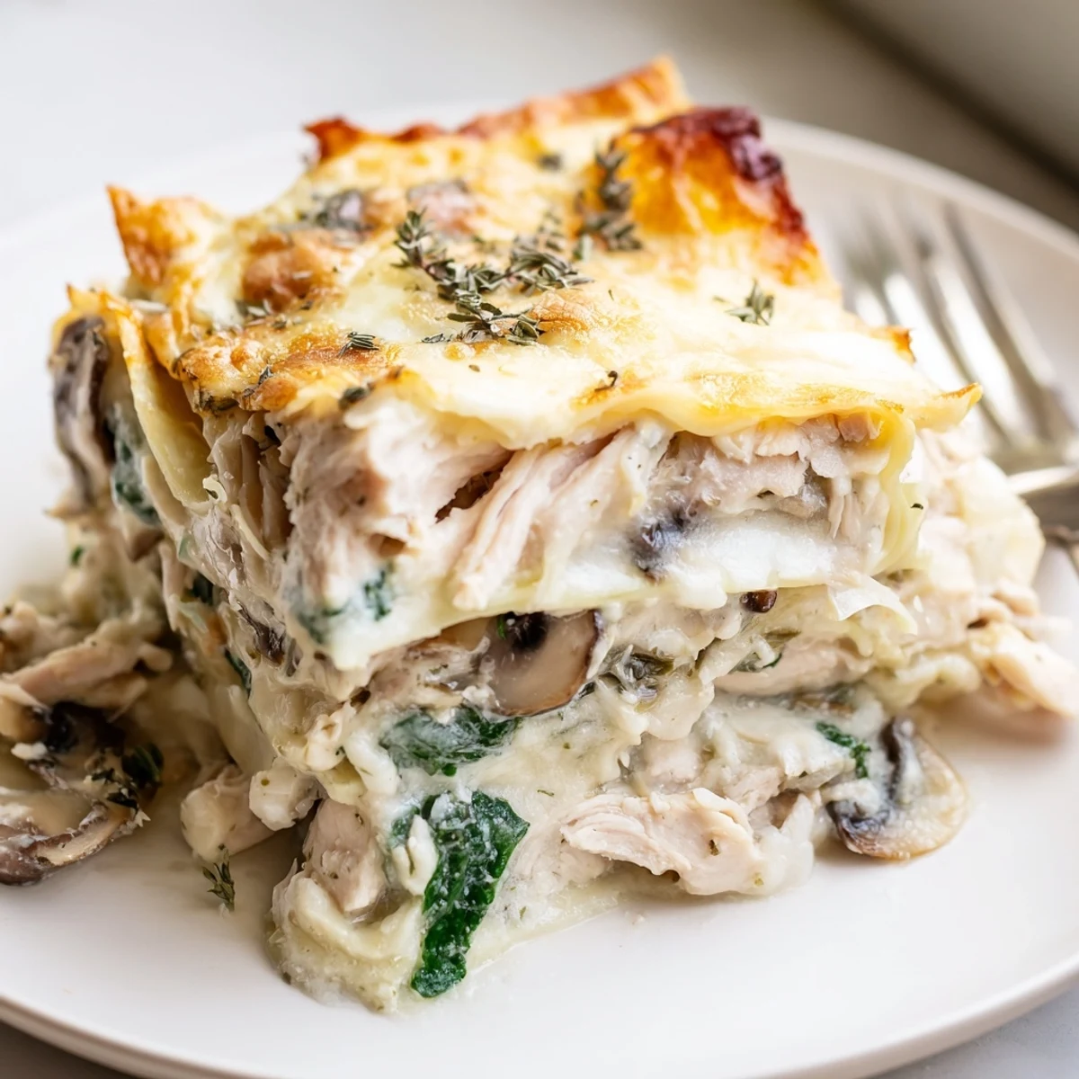Creamy white chicken lasagna with golden bubbling cheese and tender shredded chicken