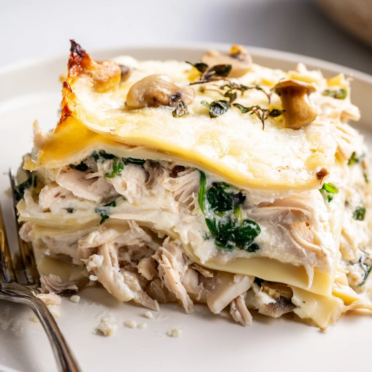 Steaming white chicken lasagna topped with melted mozzarella and fresh herbs