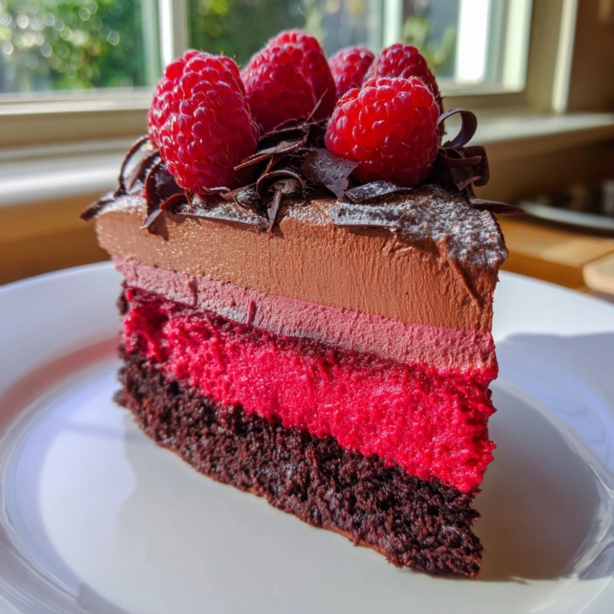 A glossy raspberry chocolate mousse cake slice topped with fresh berries and chocolate curls