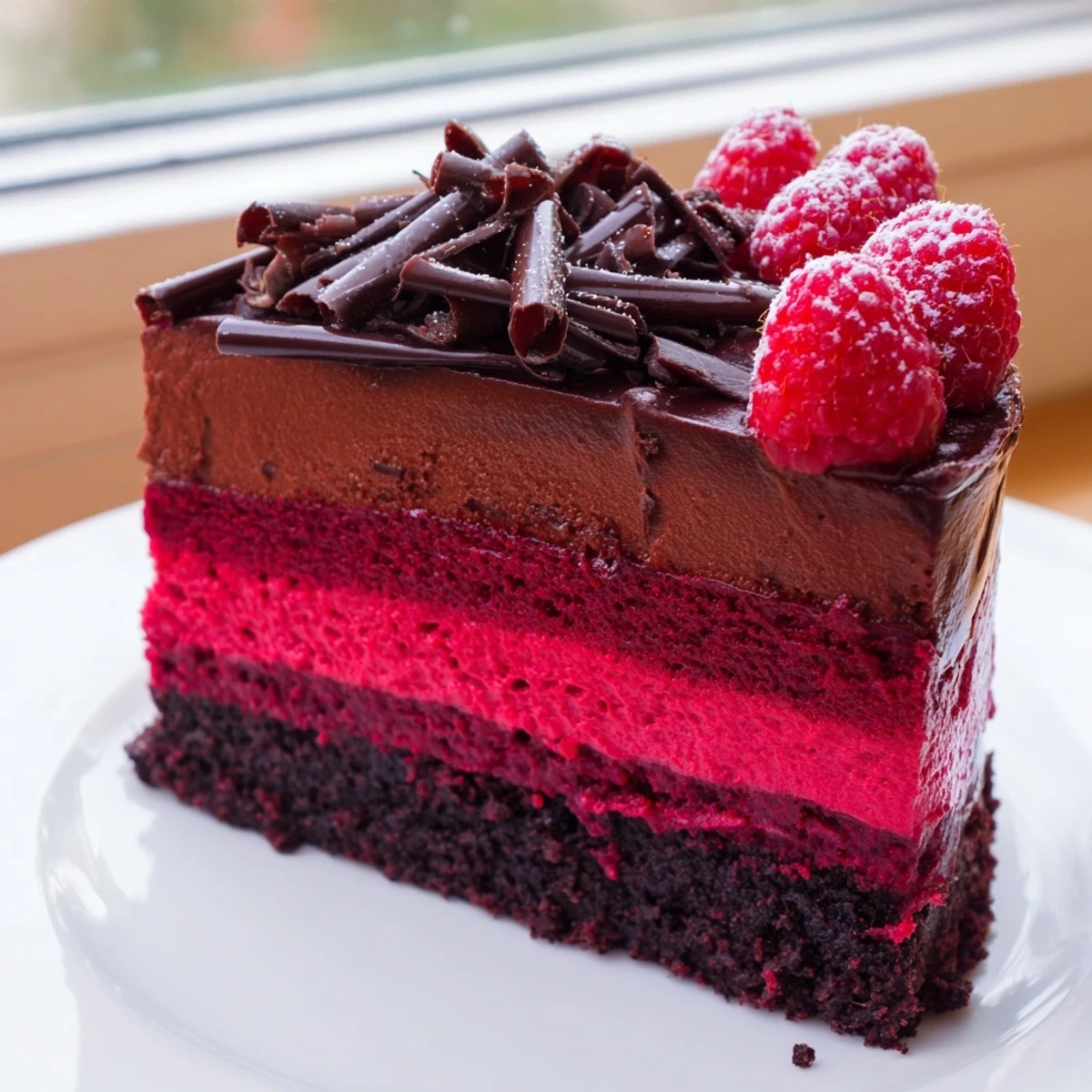 Heavenly raspberry chocolate mousse cake with silky layers dusted in powdered sugar on a dessert plate