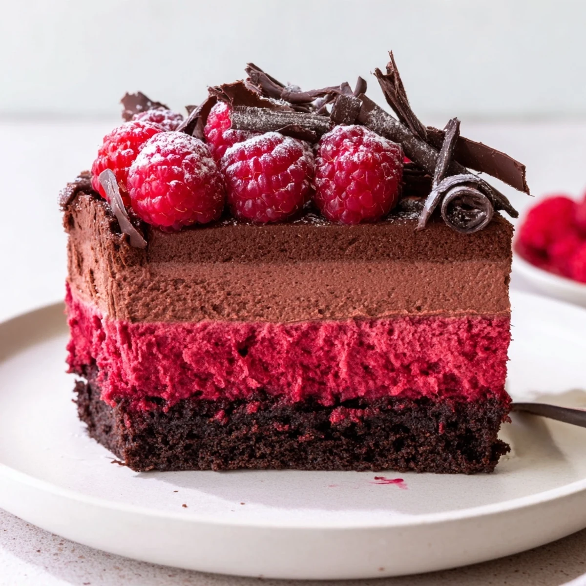 Rich chocolate mousse cake crowned with jewel-toned raspberries, showing its creamy layered cross-section