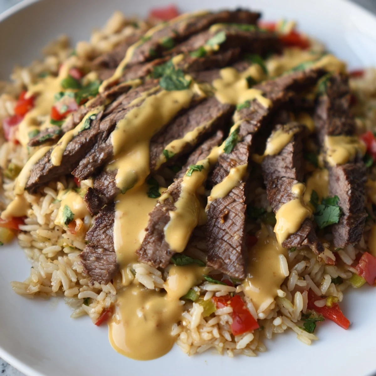 Creamy steak queso rice loaded with tender seared beef and melted cheese
