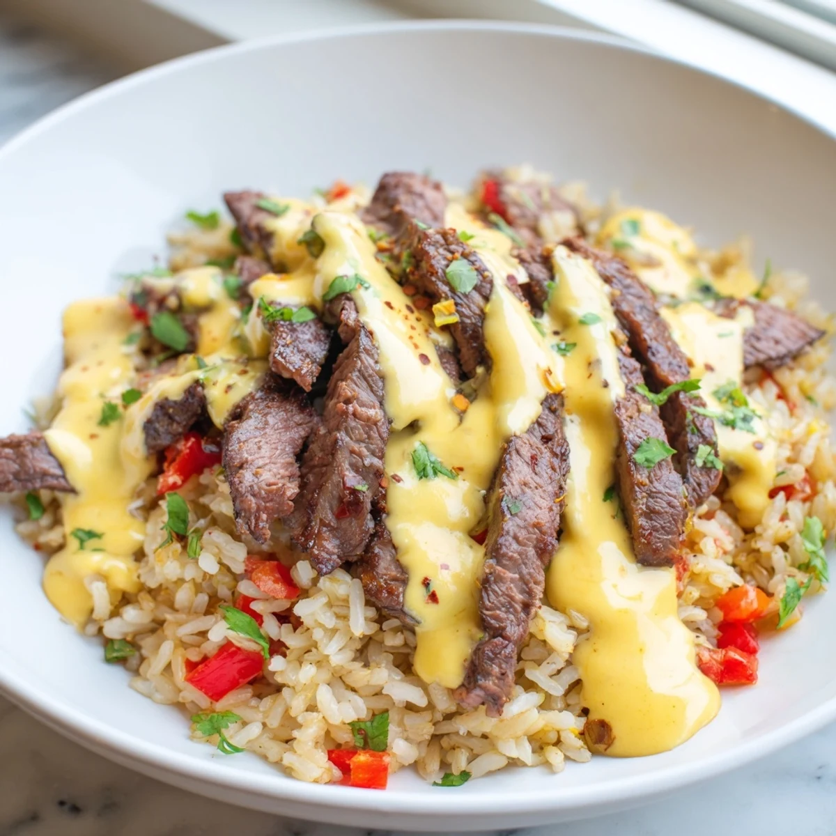 Steak queso rice topped with warm queso, seasoned vegetables, and cilantro