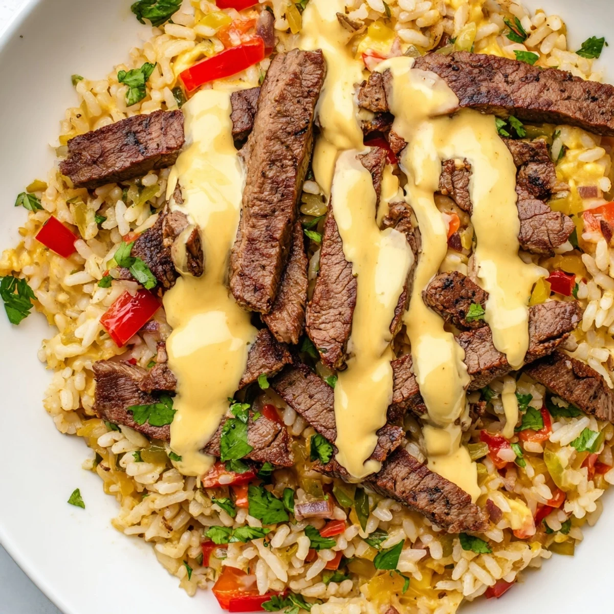 Hearty steak queso rice drizzled with golden cheese sauce in a cast iron skillet