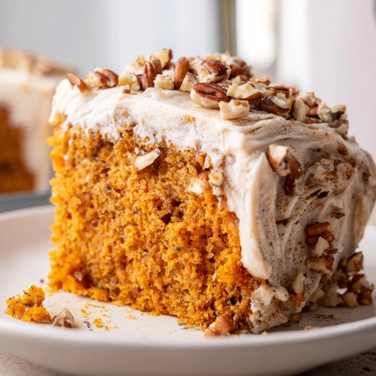 Moist pumpkin pecan cake sliced thick with swirls of cinnamon cream cheese icing