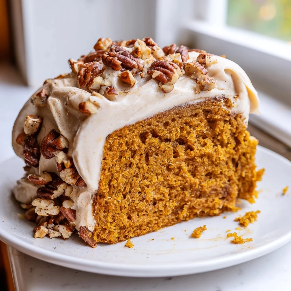 Golden pumpkin pecan cake garnished with toasted nuts and creamy cinnamon icing