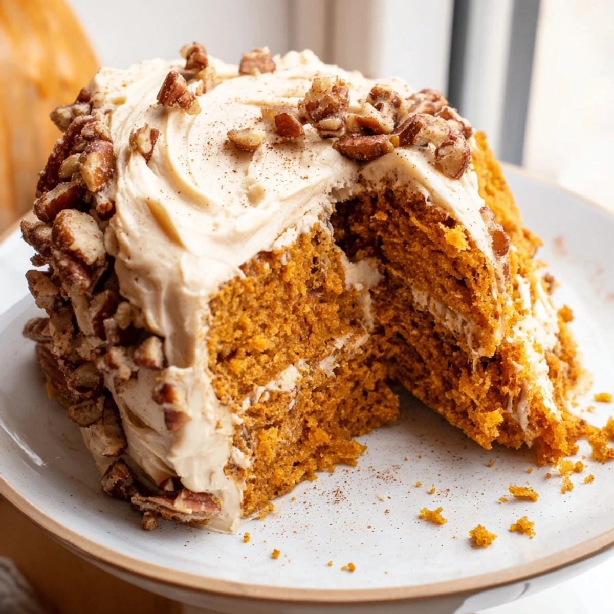 Warm spiced pumpkin pecan cake topped with fluffy cinnamon cream cheese frosting