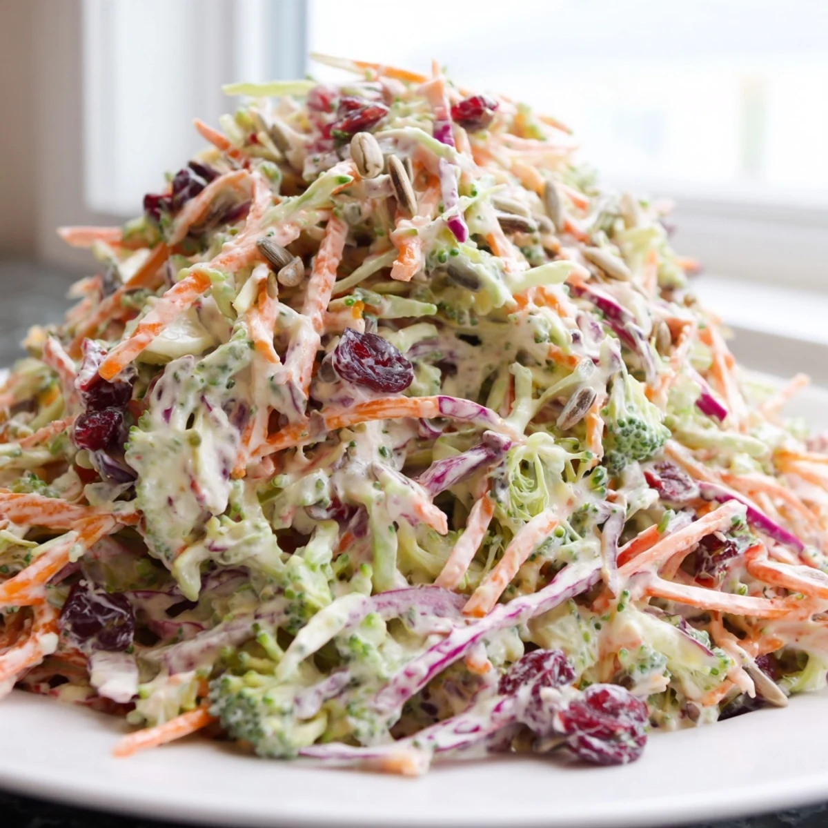 Vibrant broccoli slaw tossed in creamy tangy dressing with cranberries and sunflower seeds