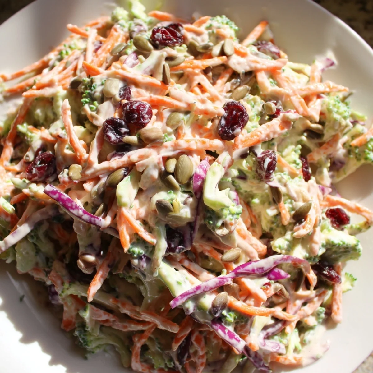 Crunchy broccoli slaw with shredded carrots and red onion in smooth Dijon honey dressing