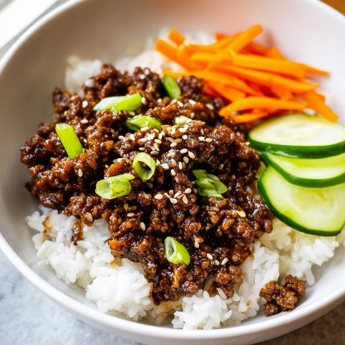 Steaming Korean ground beef bowl topped with fresh cucumber, carrots, and sesame seeds