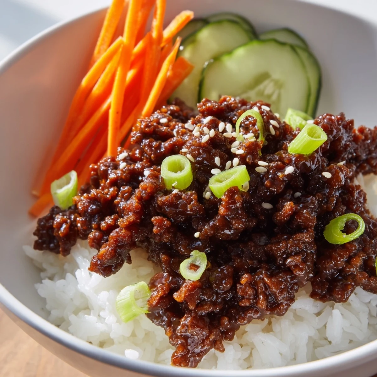 Colorful Korean ground beef bowl garnished with green onions and kimchi on steamed jasmine rice