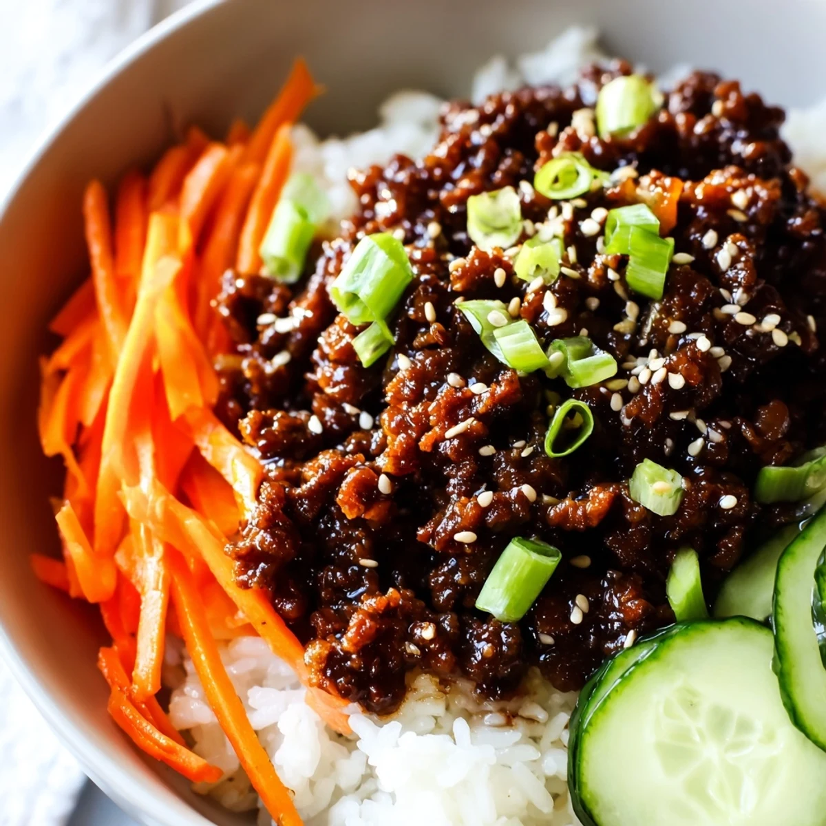 Savory Korean ground beef bowl glistening with sweet soy glaze over fluffy white rice