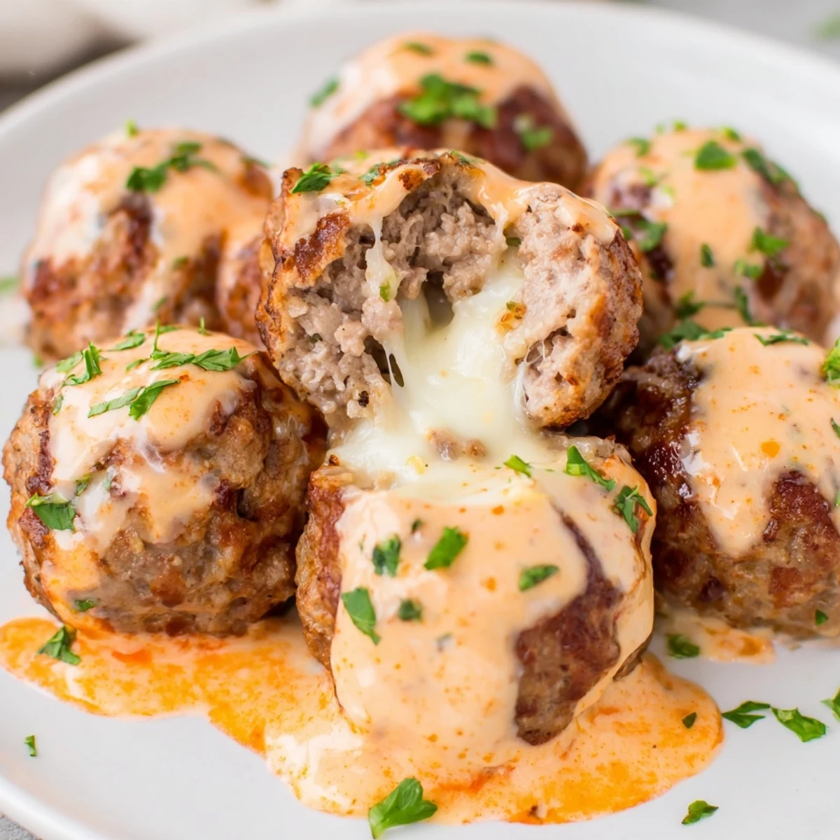 Golden cheese stuffed meatballs drizzled with creamy spicy cheese sauce on a rustic plate