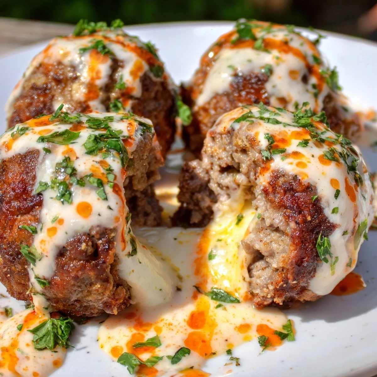Cheese stuffed meatballs with spicy cheese sauce served over steamed pasta garnished with parsley