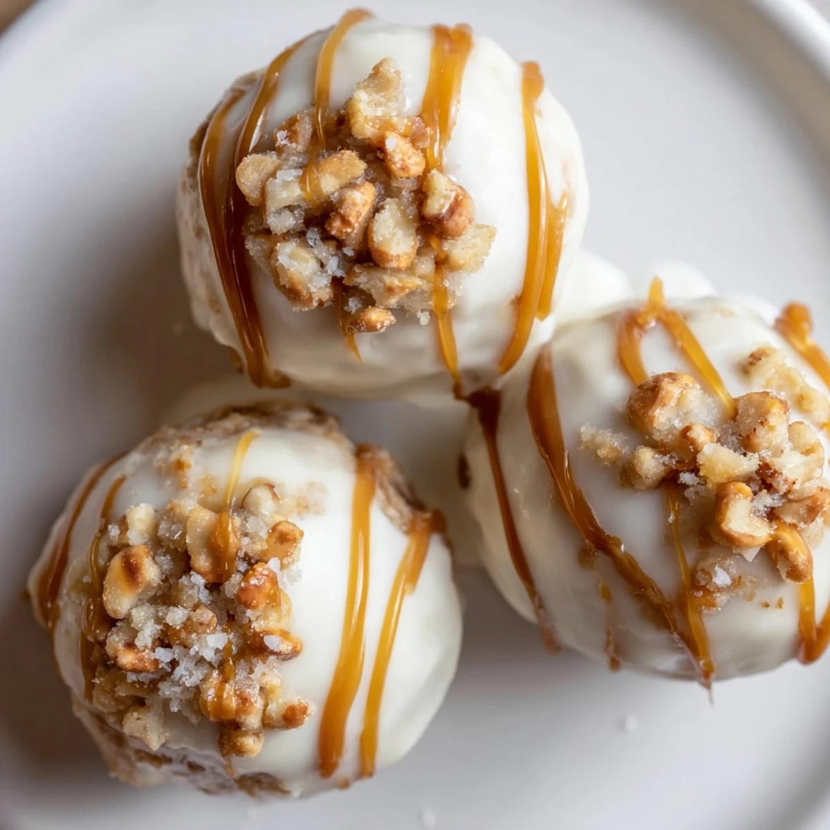 Bite-sized salted caramel pretzel cheesecake balls garnished with crushed pretzels and flaky sea salt