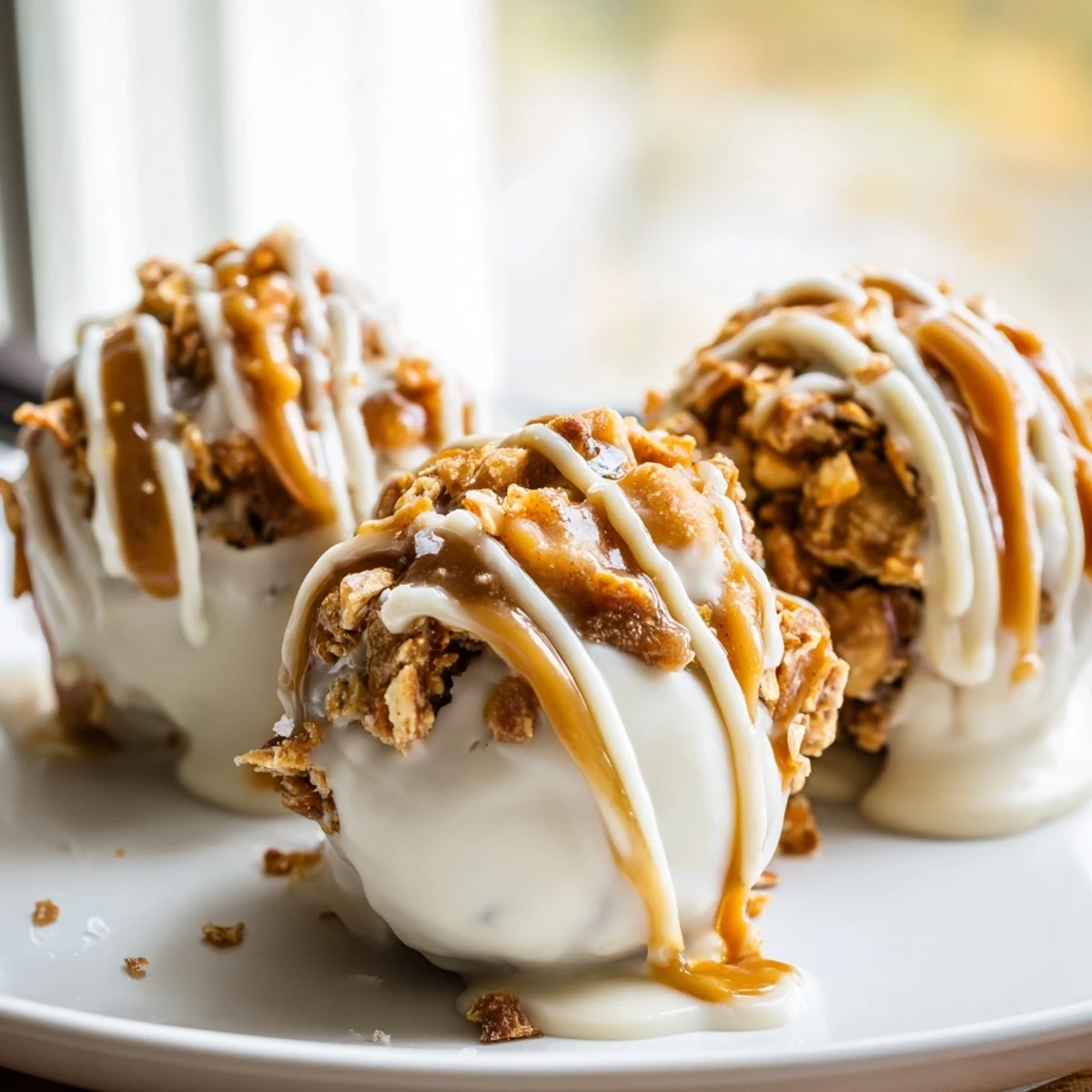 Golden caramel dripping over chocolate-dipped salted caramel pretzel cheesecake balls with crunchy coating