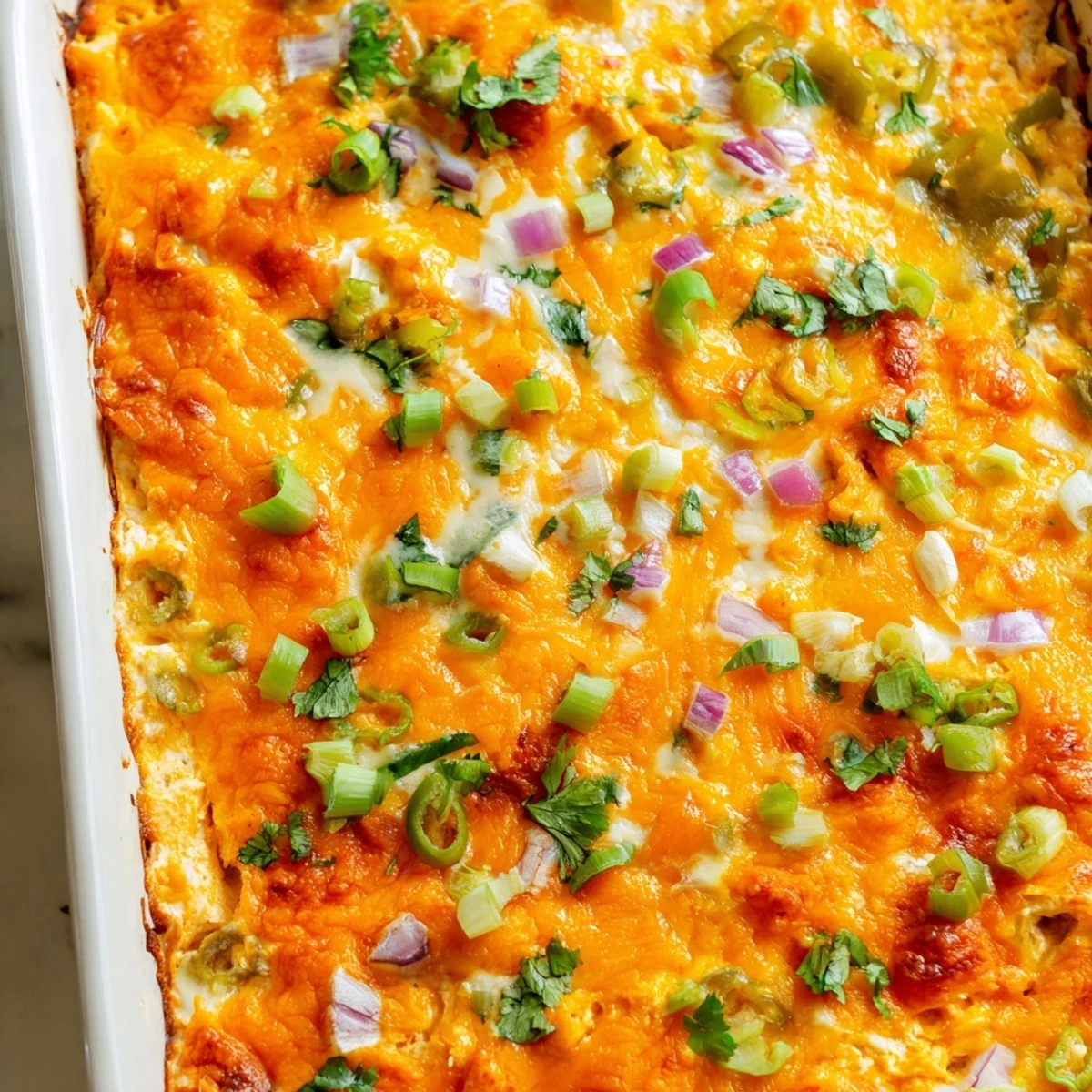 Bubbling jalapeno buffalo chicken casserole with golden melted cheddar and mozzarella on top