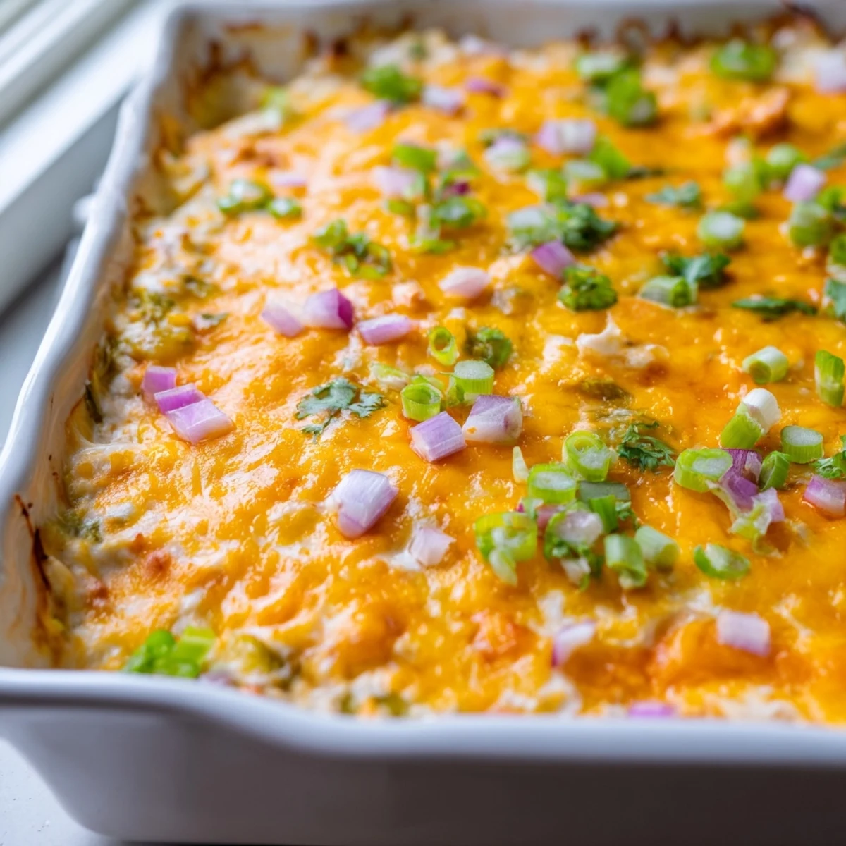 Creamy jalapeno buffalo chicken casserole scooped steaming from a cheesy nine-by-thirteen dish