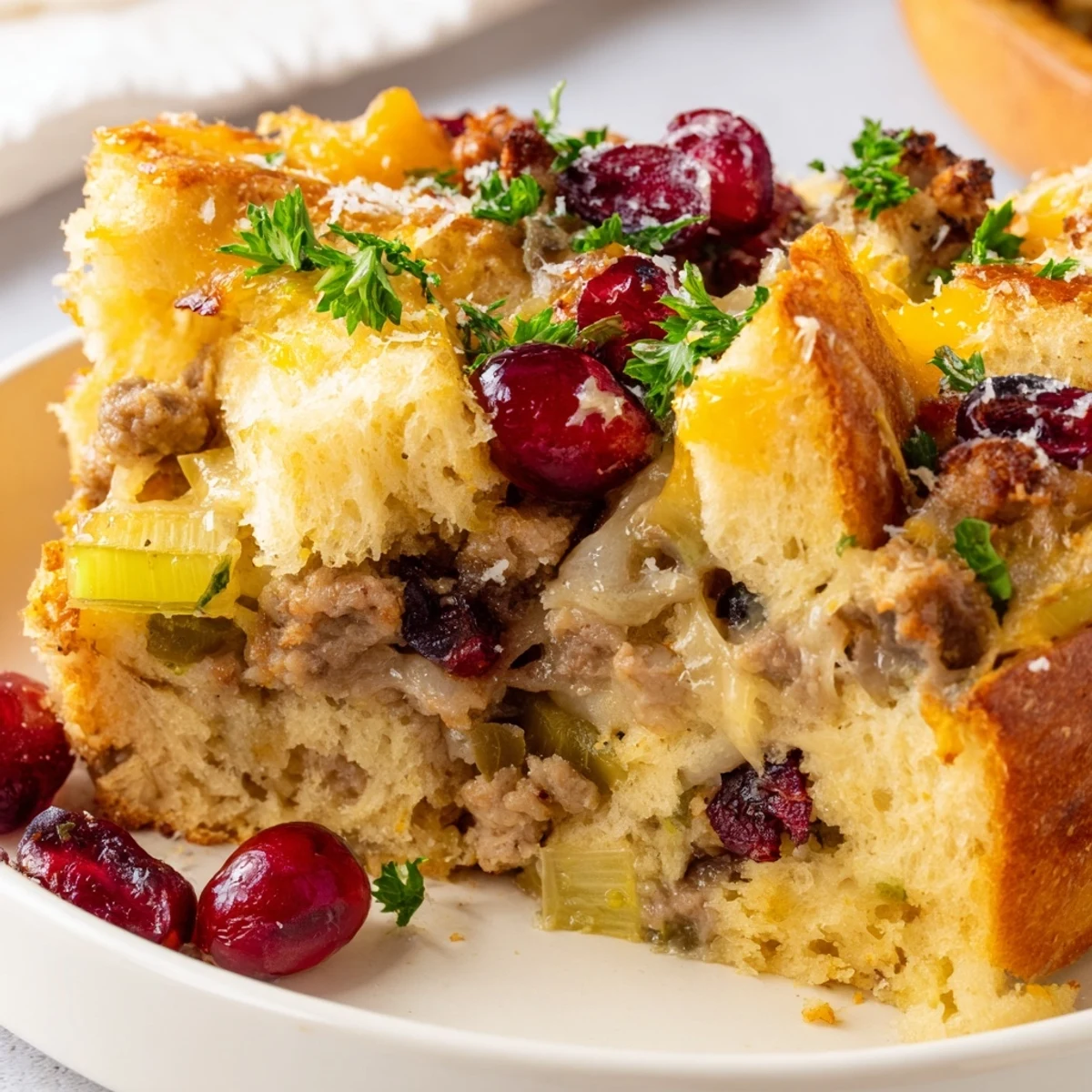 Steaming scoop of cranberry sausage stuffing breakfast casserole topped with gooey melted cheese