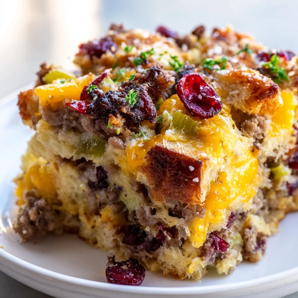 Golden baked cranberry sausage stuffing breakfast casserole with melted cheddar and fresh herbs