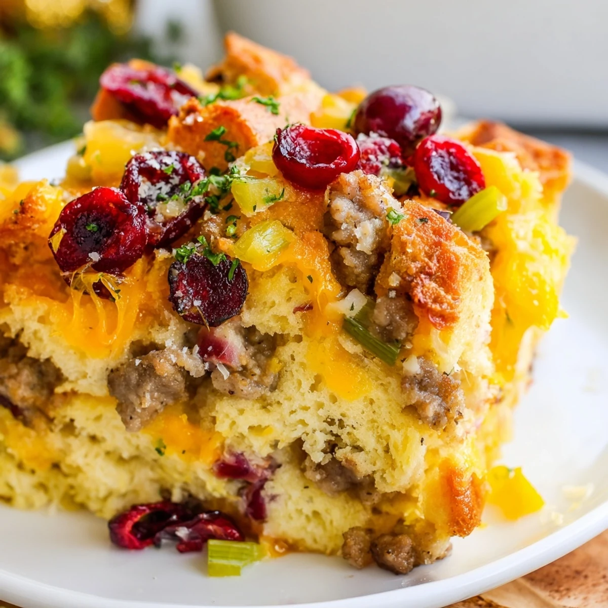 Rustic cranberry sausage stuffing breakfast casserole fresh from the oven with a crispy golden crust