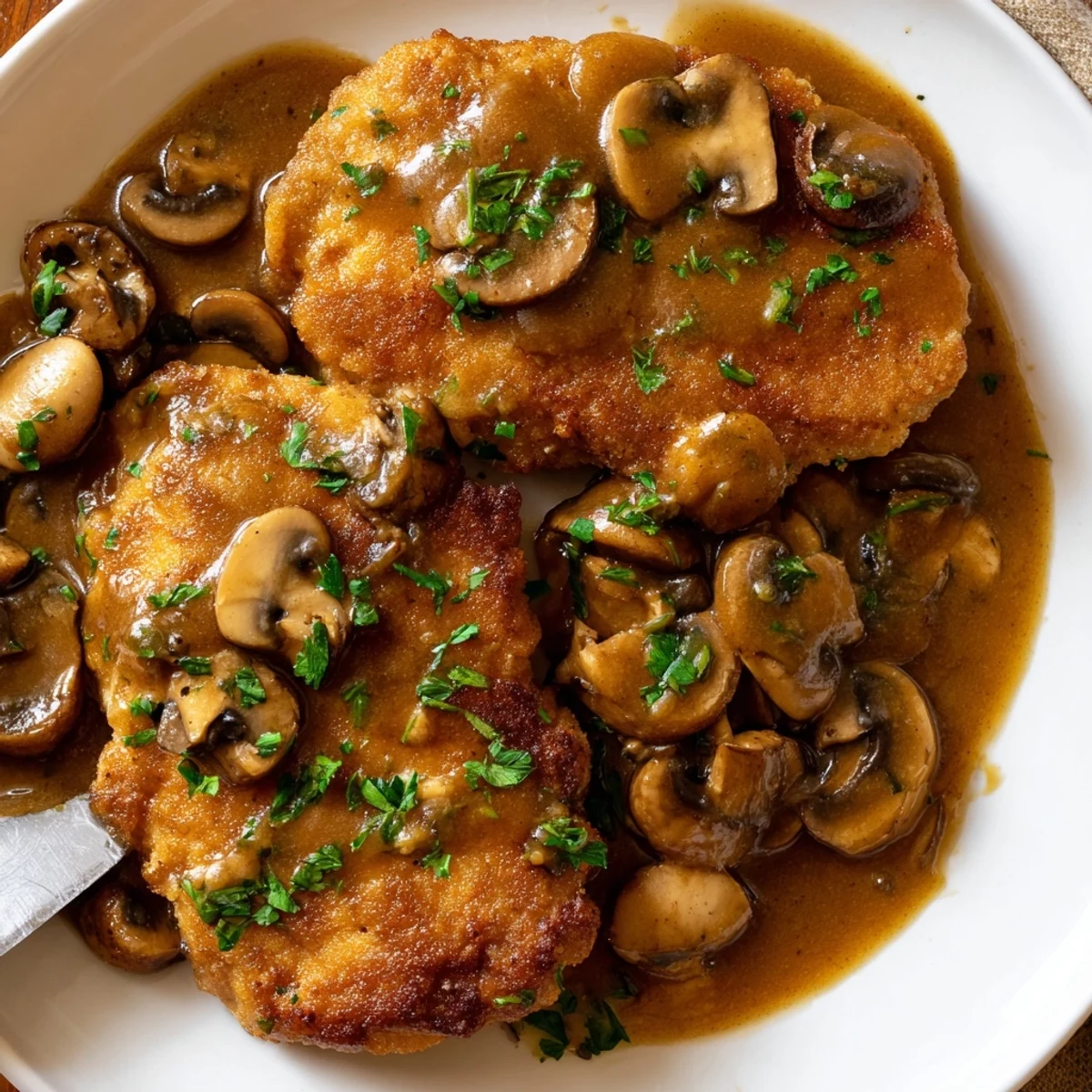 Golden pan-fried chicken breasts draped in a rich, dairy-free Chicken Marsala mushroom sauce.