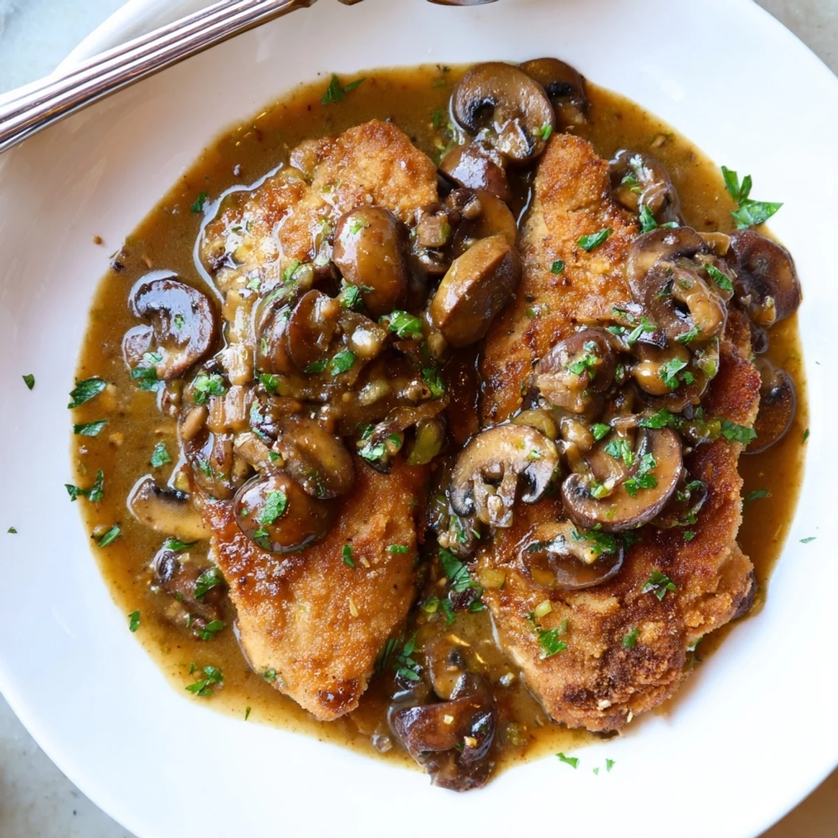 Creamy Dairy Free One Pan Chicken Marsala with caramelized mushrooms served over tender pasta.