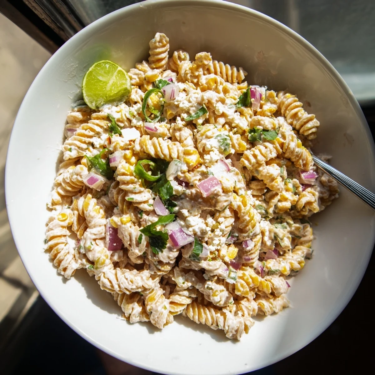 Creamy elote pasta salad loaded with charred corn and crumbled cotija cheese