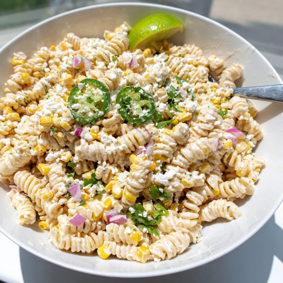 Vibrant elote pasta salad tossed in smoky lime dressing with fresh cilantro