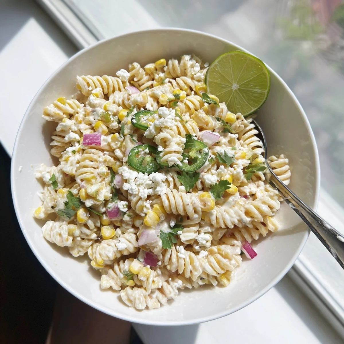 Tangy elote pasta salad served in a bowl with jalapeño and lime wedges
