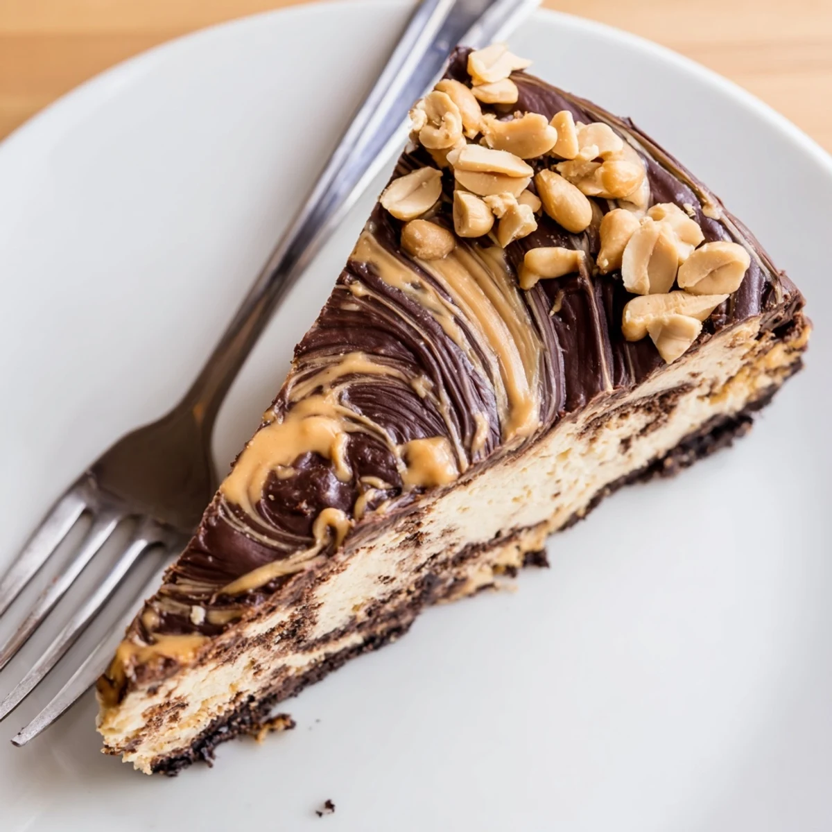 Creamy chocolate peanut butter cheesecake sliced thick on a dark cookie crust with glossy ganache topping