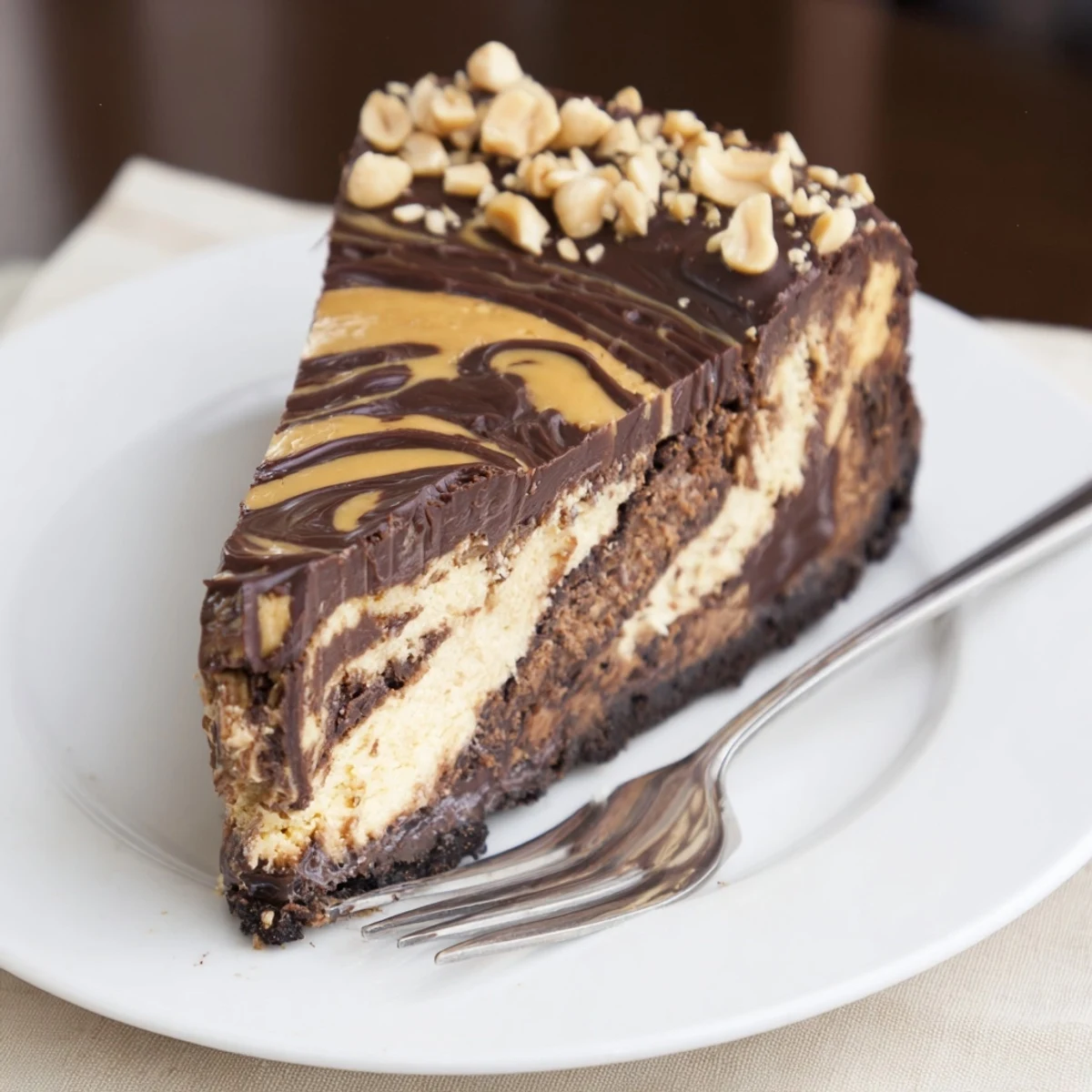 Rich chocolate peanut butter cheesecake swirled with melted ganache and garnished with chopped roasted peanuts