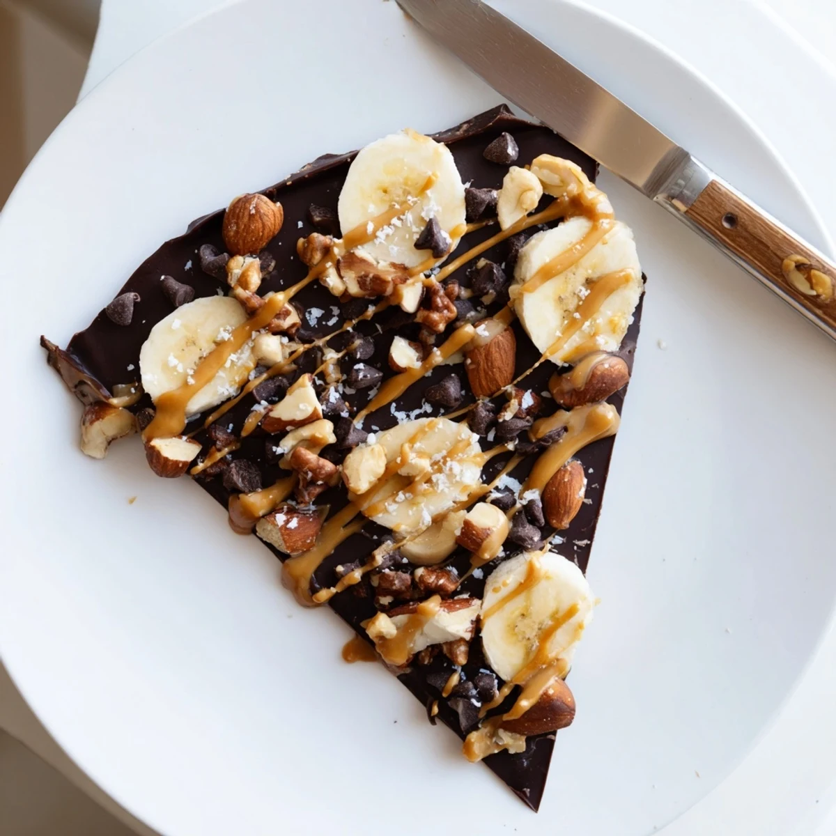 Dark chocolate banana bark topped with crushed nuts and flaky sea salt