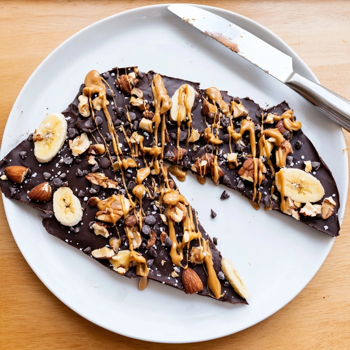 Viral chocolate banana bark with glossy melted chocolate drizzled in peanut butter