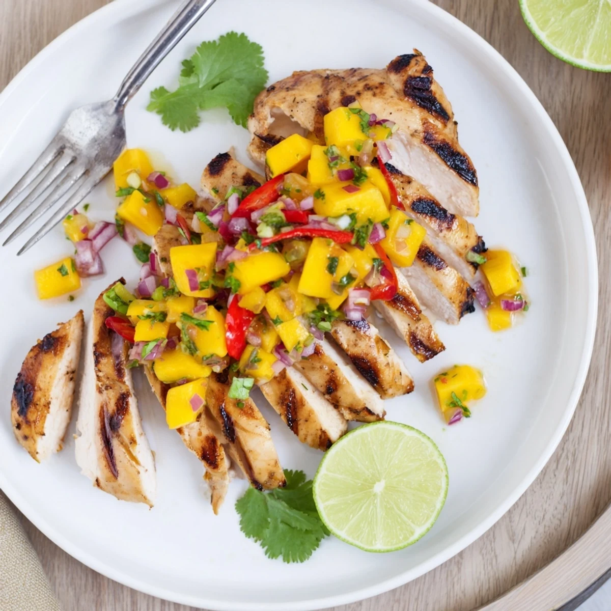 Grilled honey lime chicken topped with colorful mango salsa on a white plate