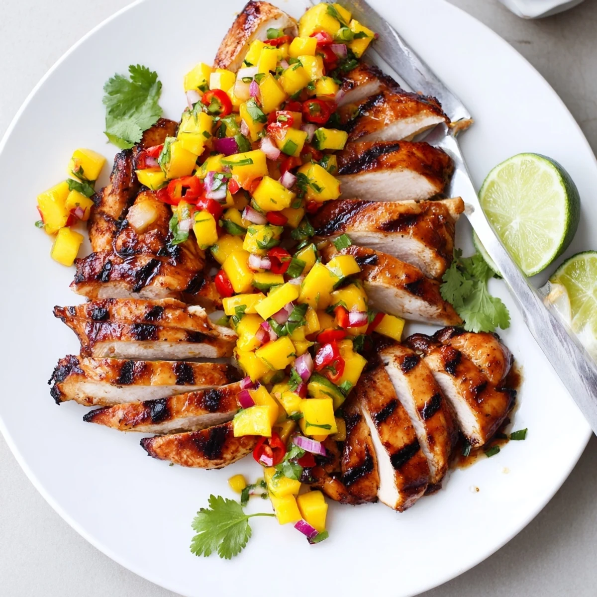 Juicy honey lime chicken sliced and served with vibrant tropical mango salsa