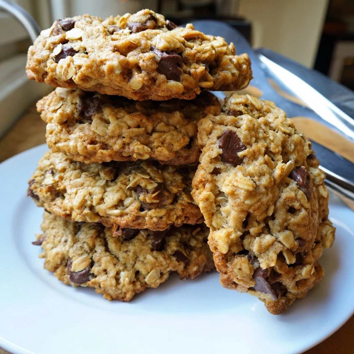 Golden chewy banana oatmeal cookies fresh from the oven on parchment paper