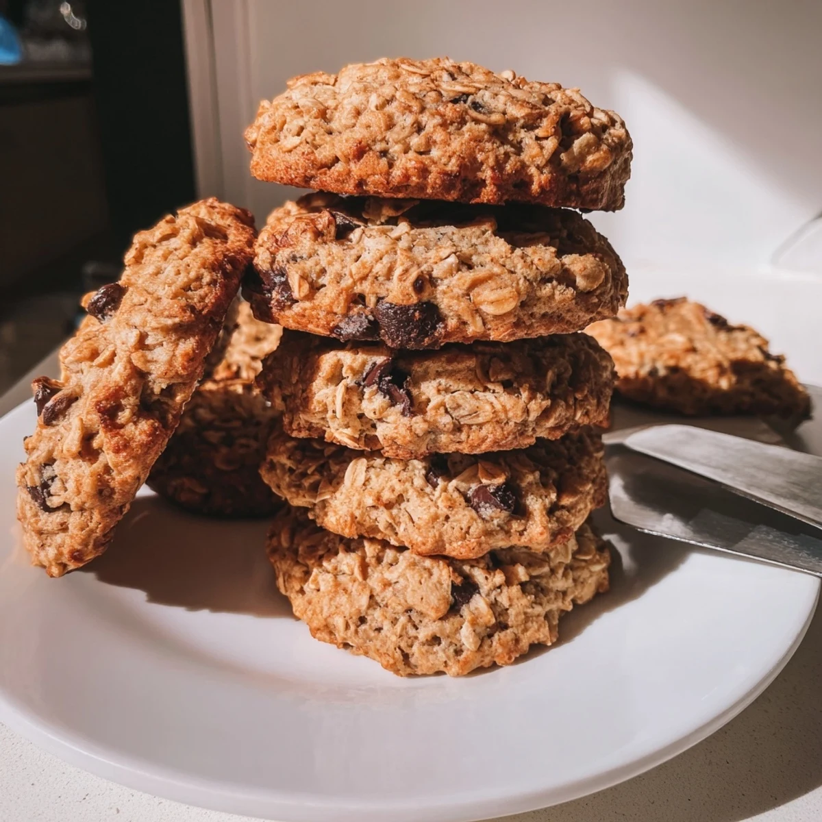 Chewy banana oatmeal cookies with visible oats stacked on a wire cooling rack