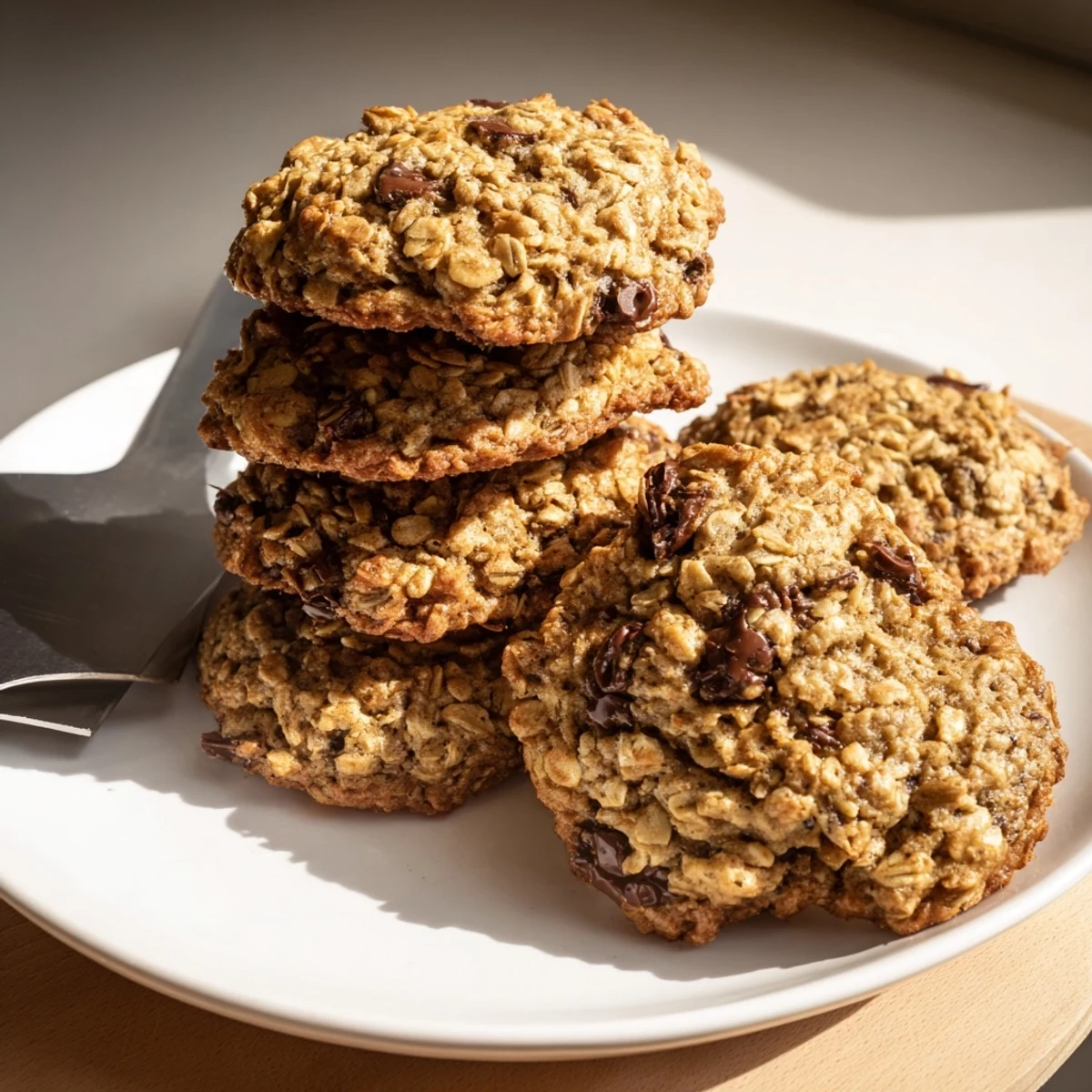 Soft chewy banana oatmeal cookies dotted with chocolate chips arranged on a rustic plate