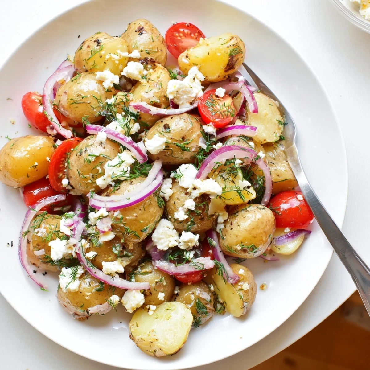 Creamy potato and feta salad topped with crumbled cheese and fresh dill