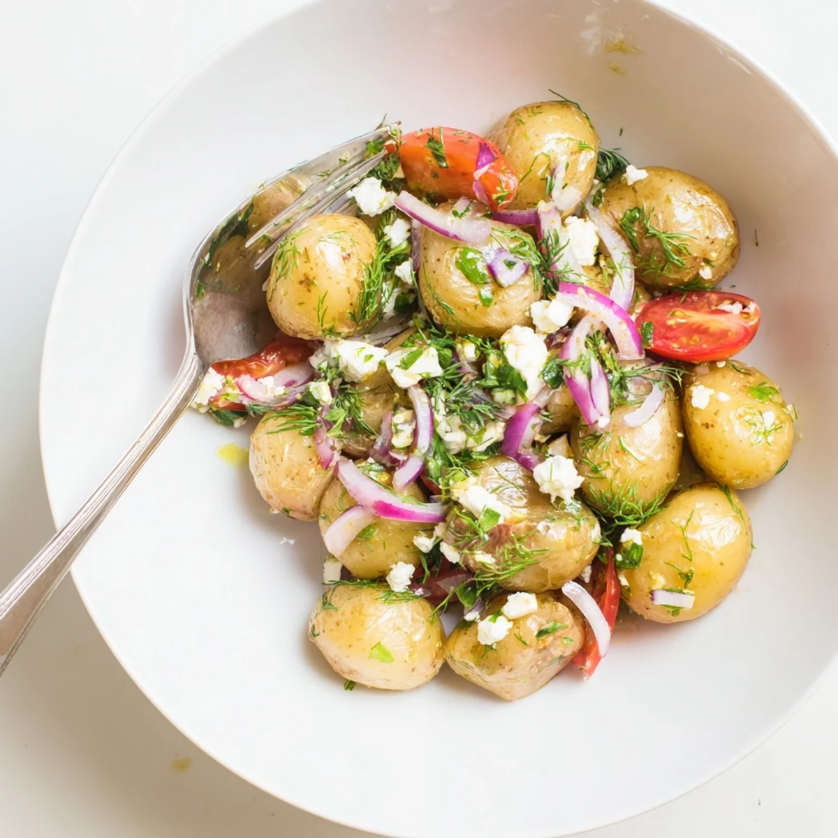 Warm potato and feta salad tossed with cherry tomatoes and herbs