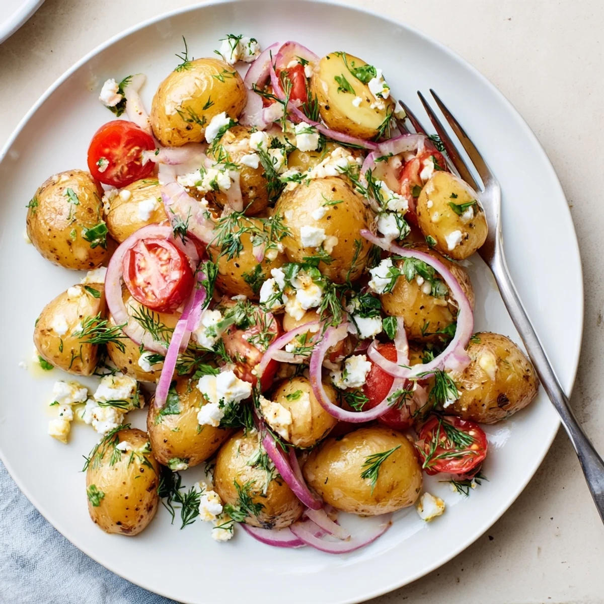 Golden potato and feta salad drizzled with lemon dressing in a bowl