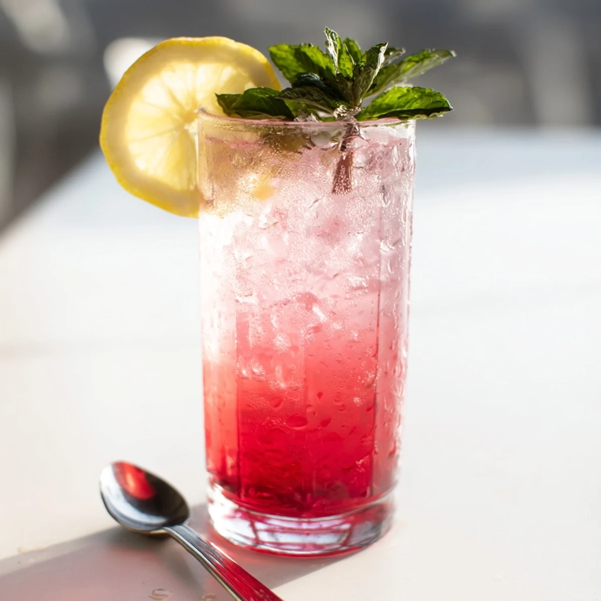 Bubbly Honey Lemon Pink Soda in a glass with lemon slices and raspberries